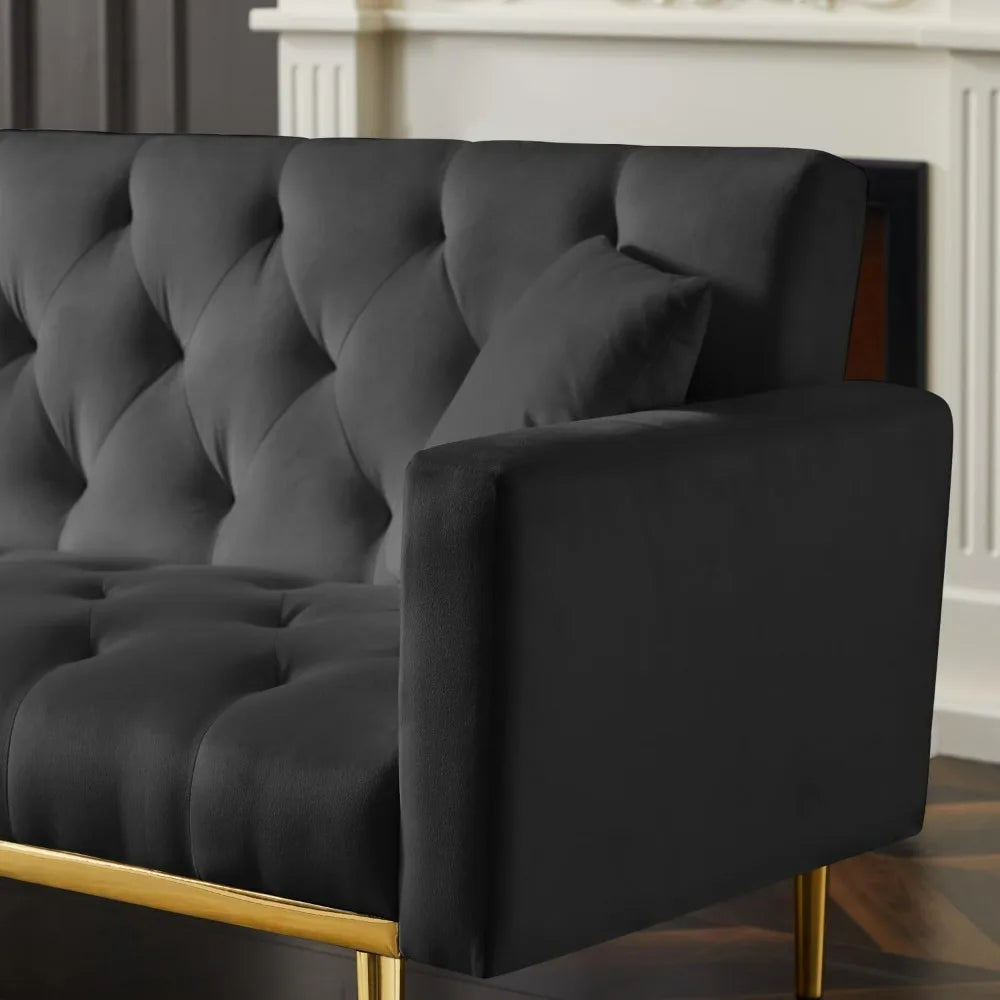 73" Modern Velvet Sofa Bed Futon, 3 Angle Adjustable Backrest, Loveseat with 4 Golden Metal Legs, Convertible Sleeper Sofa Couch