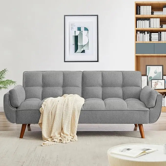 Convertible Futon Sofa Bed, Linen Sleeper Couch, 75" W Modern 3 Seater Tufted Sofa with Adjustable Backrests and Solid Wood Legs