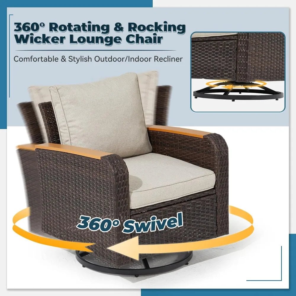 5 Pieces Outdoor Furniture Set with Swivel Chairs, Wicker Patio Furniture for Porch Deck Bistro Lawn Garden Backyard Poolside