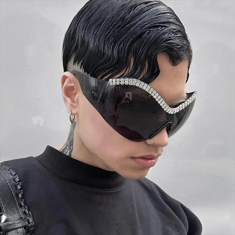 Y2k Style Large Framed Wrap Around Black Futuristic Diamond Sun Glasses Fashion Sunglasses Street Shades Beach Accessories