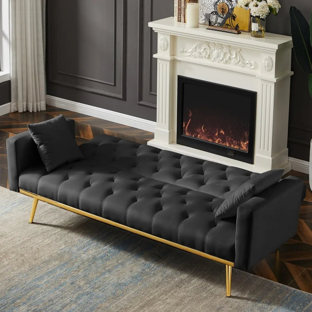 73" Modern Velvet Sofa Bed Futon, 3 Angle Adjustable Backrest, Loveseat with 4 Golden Metal Legs, Convertible Sleeper Sofa Couch