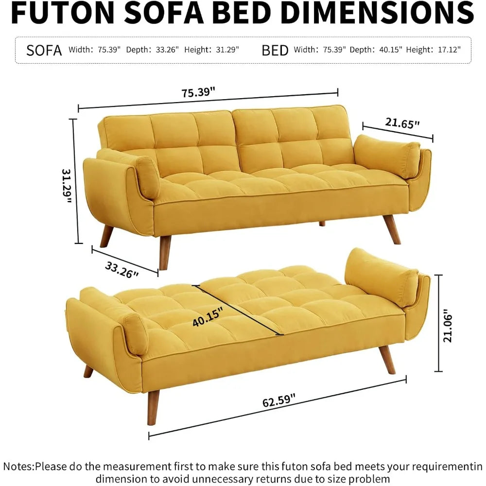 Convertible Futon Sofa Bed, Linen Sleeper Couch, 75" W Modern 3 Seater Tufted Sofa with Adjustable Backrests and Solid Wood Legs