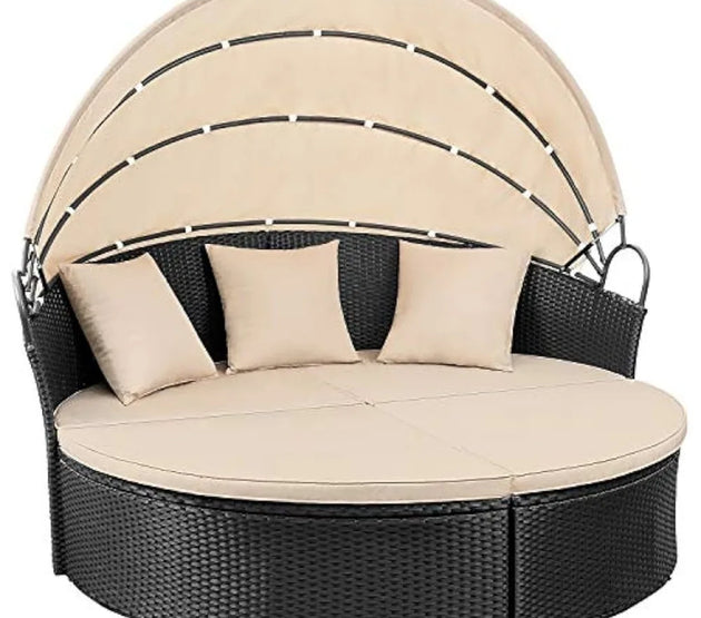Patio Furniture Outdoor Round Daybed with Retractable Canopy Wicker Rattan Separated Seating Sectional Sofa for Patio Lawn