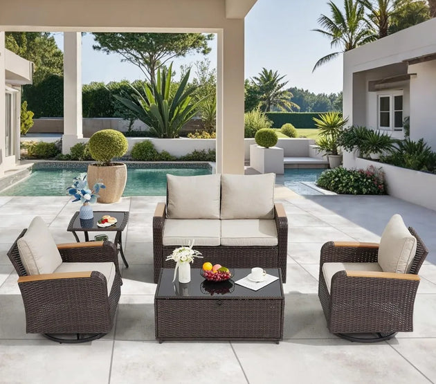 5 Pieces Outdoor Furniture Set with Swivel Chairs, Wicker Patio Furniture for Porch Deck Bistro Lawn Garden Backyard Poolside