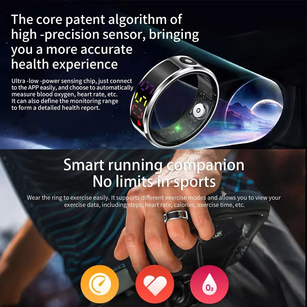 JELLOO 2025 New Color Screen Smart Ring With Heart rate monitoring Smart Touch Health Tracker Fitness 5ATM Waterproof Men Women