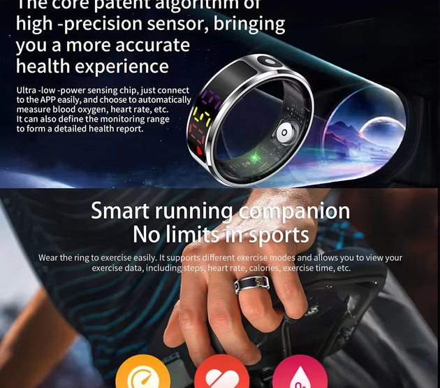 JELLOO 2025 New Color Screen Smart Ring With Heart rate monitoring Smart Touch Health Tracker Fitness 5ATM Waterproof Men Women