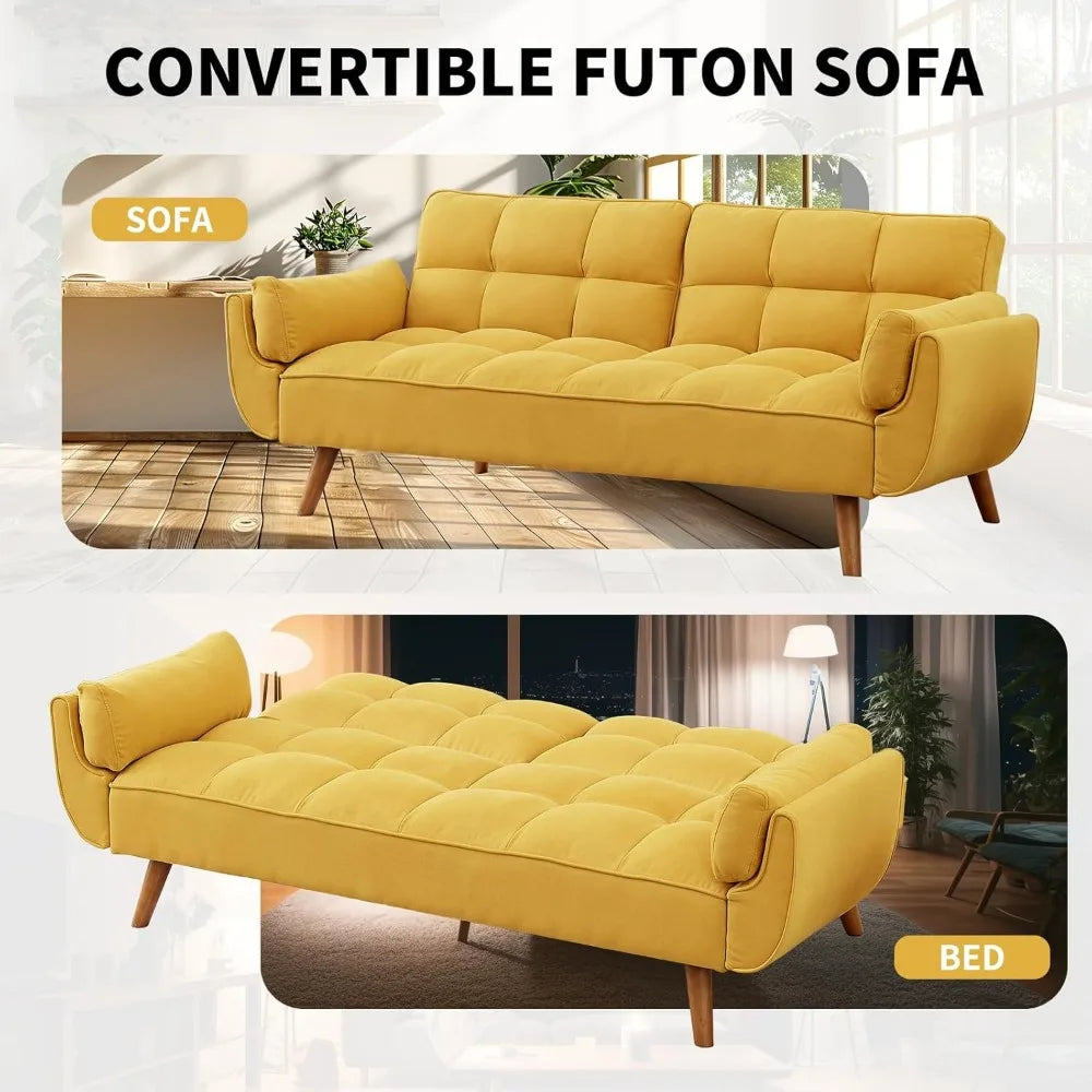 Convertible Futon Sofa Bed, Linen Sleeper Couch, 75" W Modern 3 Seater Tufted Sofa with Adjustable Backrests and Solid Wood Legs
