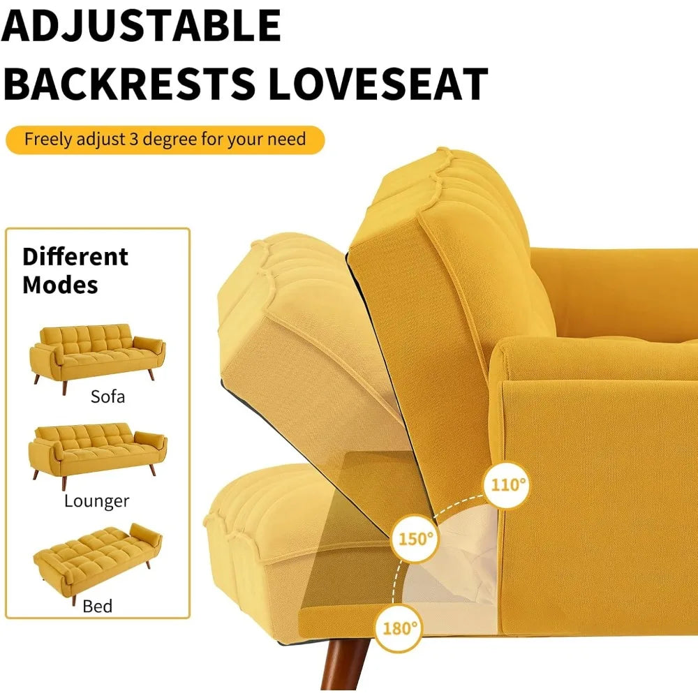 Convertible Futon Sofa Bed, Linen Sleeper Couch, 75" W Modern 3 Seater Tufted Sofa with Adjustable Backrests and Solid Wood Legs