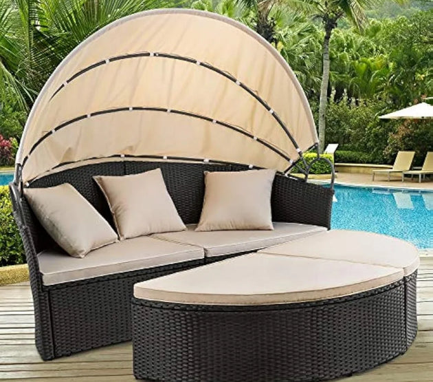 Patio Furniture Outdoor Round Daybed with Retractable Canopy Wicker Rattan Separated Seating Sectional Sofa for Patio Lawn