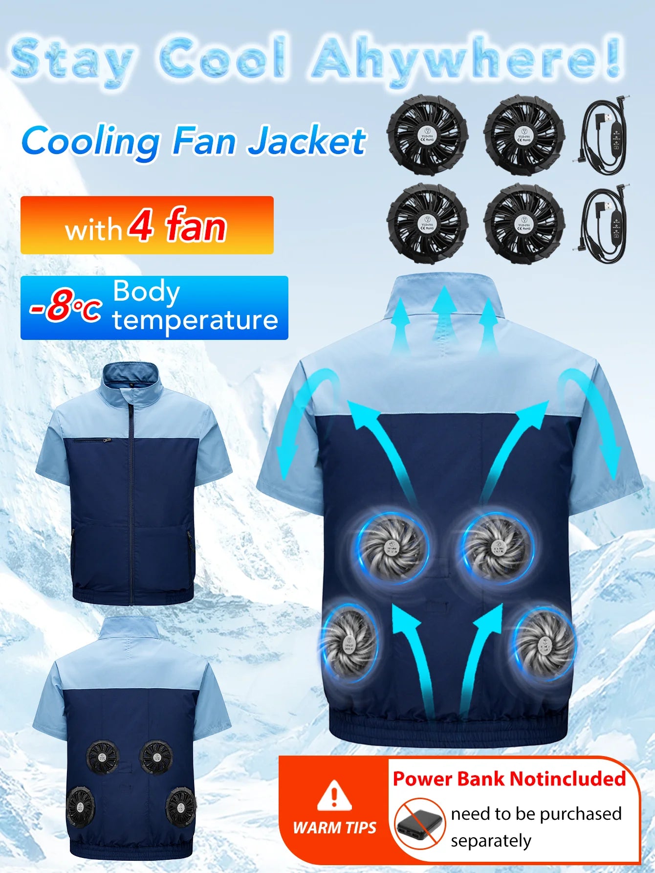 jacket with fan, with 4 fan , Adjustable air volume in 3 levels ,Short sleeved fan suit，Air conditioning clothes（No power bank）