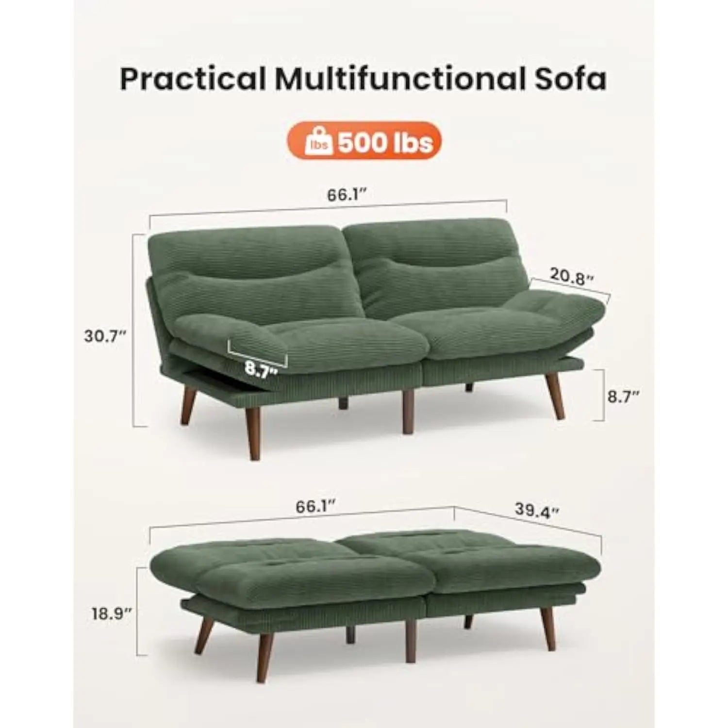 Convertible Futon Sofa Bed,66″ Green futon with Adjustable Backrest & Armrests,Folding Futon Sleeper Recliner for Small Spaces