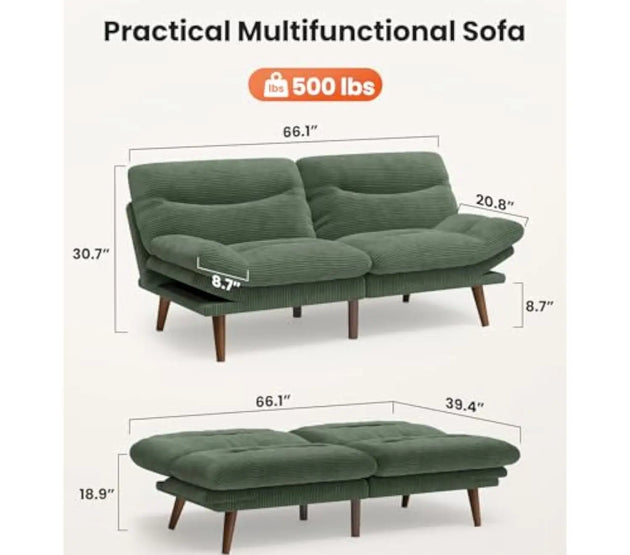 Convertible Futon Sofa Bed,66″ Green futon with Adjustable Backrest & Armrests,Folding Futon Sleeper Recliner for Small Spaces