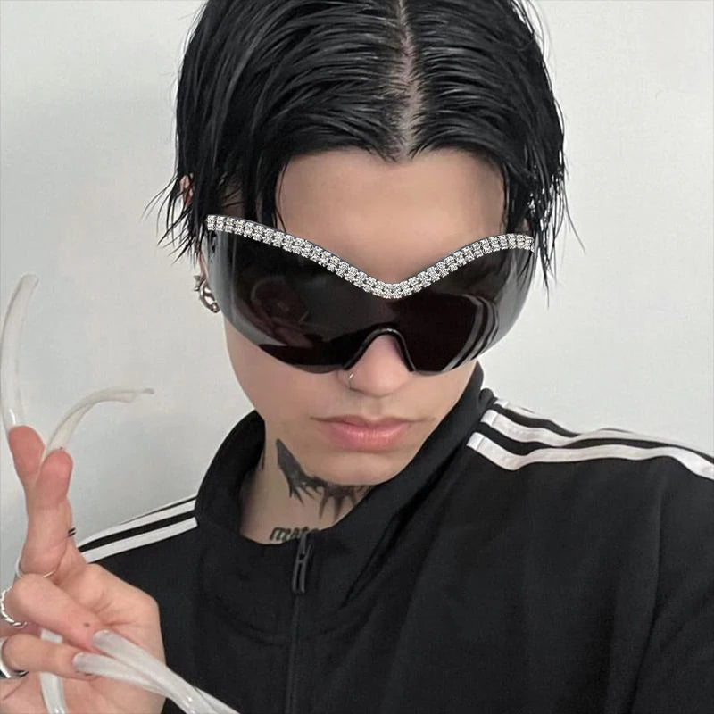 Y2k Style Large Framed Wrap Around Black Futuristic Diamond Sun Glasses Fashion Sunglasses Street Shades Beach Accessories