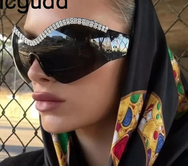Y2k Style Large Framed Wrap Around Black Futuristic Diamond Sun Glasses Fashion Sunglasses Street Shades Beach Accessories