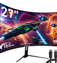27Inch 165Hz Curved Gaming Monitor, 1440P 144Hz Gaming Monitor, QHD 2K(2560X1440) PC Monitor, LCD Computer Monitor for Laptop with 2 Speaker&Backlight, 1Ms Freesync, Metal Base, DP&HDMI