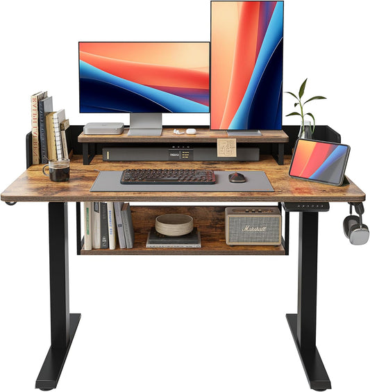 48" Electric Standing Desk with Shelves, 48 X 24 Inch Sit Stand Rising Desk with Monitor Stand and Storage, Ergonomic Home Office Computer Desk, Rustic