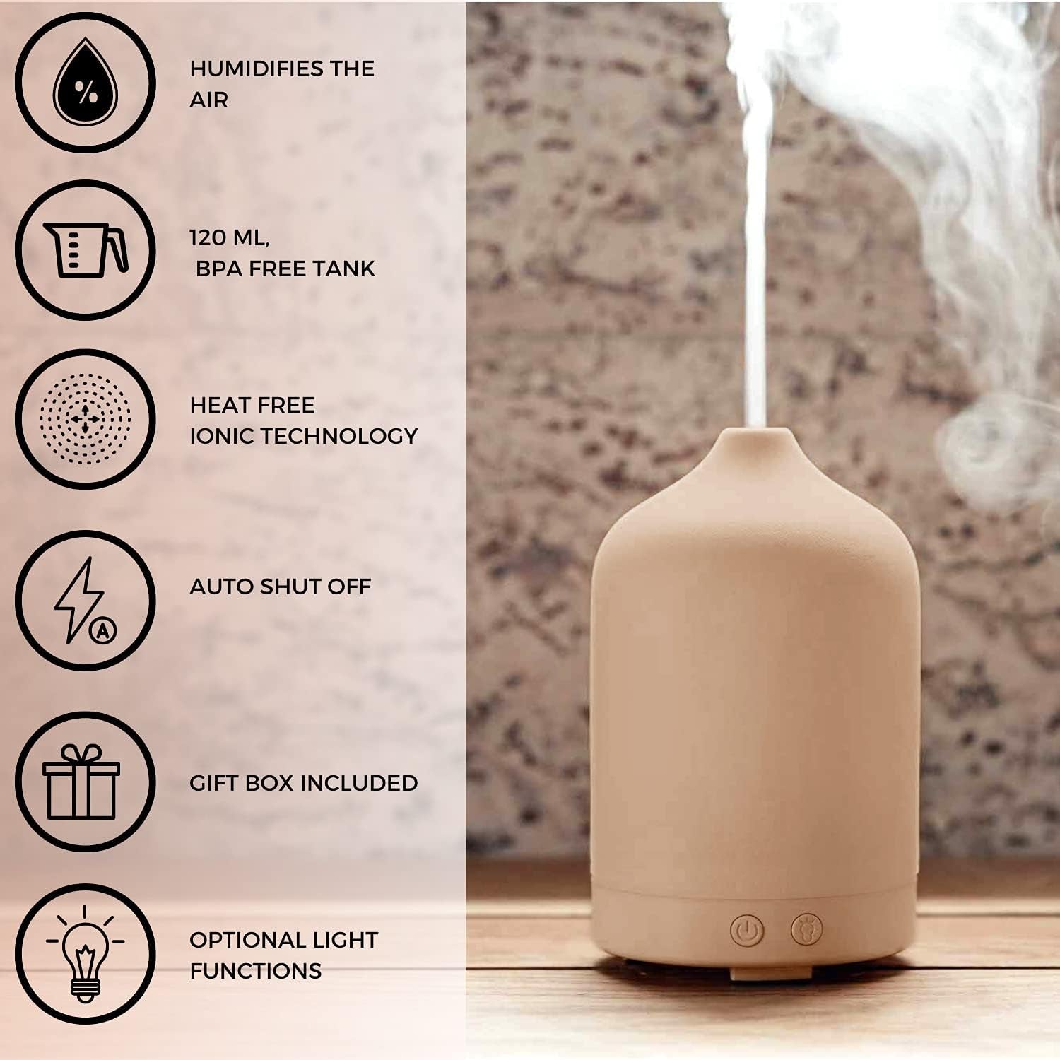 Ceramic Diffusers for Essential Oils - Elegant Stone Aromatherapy Diffuser for Home and Office - 3 in One Diffuse, Humidify and Ionize - Easy to Use (Sand)