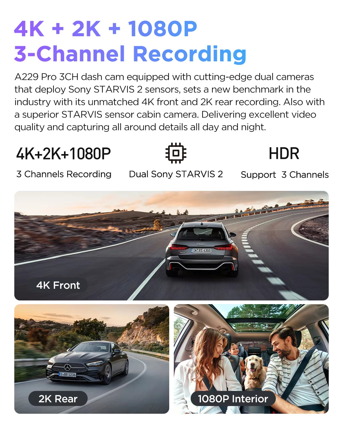 A229 PRO 4K HDR Car Camera with SONY STARVIS 2 SENSOR Support Rear and Interior Dash Cam 24H Parking Mode 5Ghz Wi-Fi