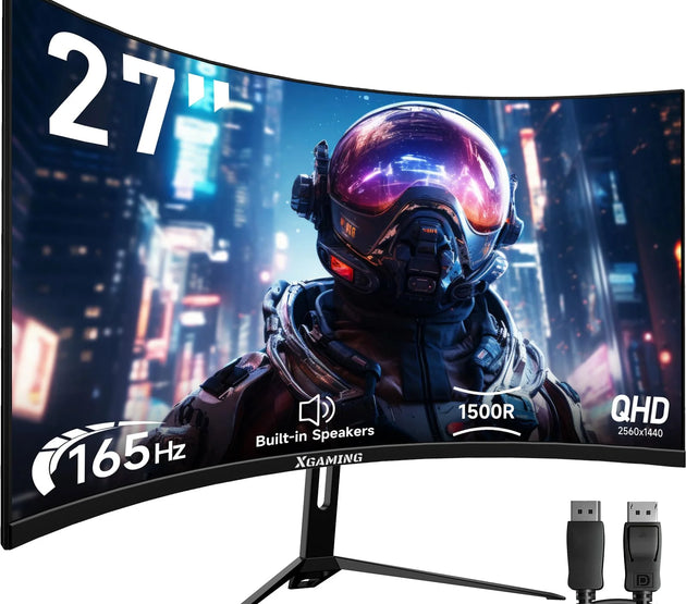 27Inch 165Hz Curved Gaming Monitor, 1440P 144Hz Gaming Monitor, QHD 2K(2560X1440) PC Monitor, LCD Computer Monitor for Laptop with 2 Speaker&Backlight, 1Ms Freesync, Metal Base, DP&HDMI