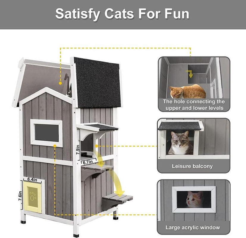 Outdoor Cat Shelter Weatherproof, Two Story Wooden outside Feral Cat House with Openable Roof, Escape Door, Grey White Urban Plus