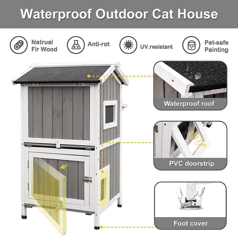 Outdoor Cat Shelter Weatherproof, Two Story Wooden outside Feral Cat House with Openable Roof, Escape Door, Grey White Urban Plus