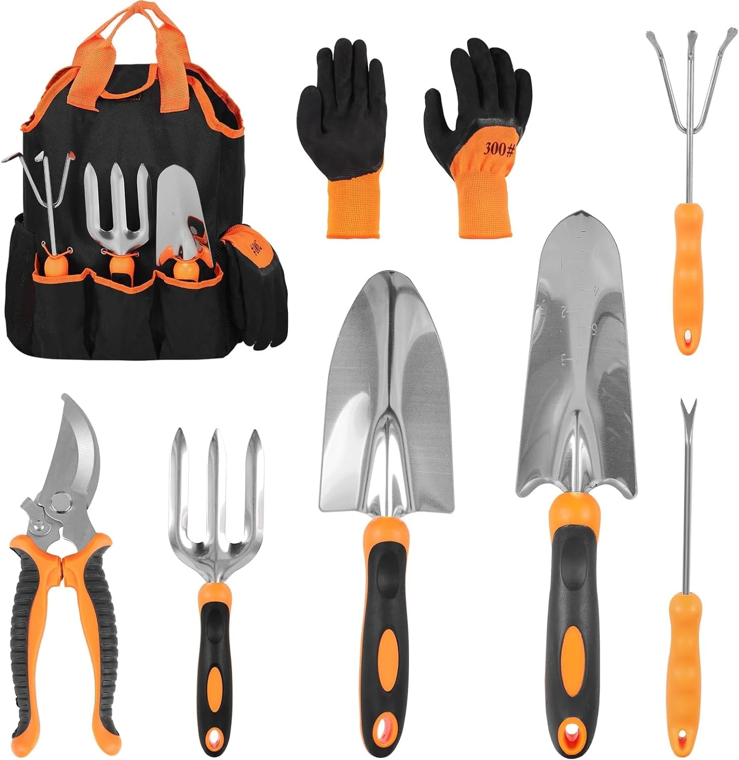 Garden Tools Set of 9, Complete Gardening Tools Kit, Comes with Non-Slip Rubber Grip Storage Tote Bag, Orange