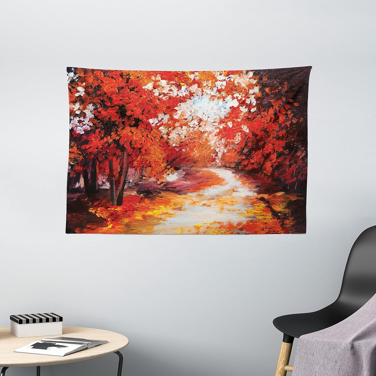 Watercolor Tapestry, Autumn Woodland Panorama Scarlet Forest Pathway Leaves and Trees, Wide Wall Hanging for Bedroom Living Room Dorm, 60" X 40", Vermilion and Dark Maroon