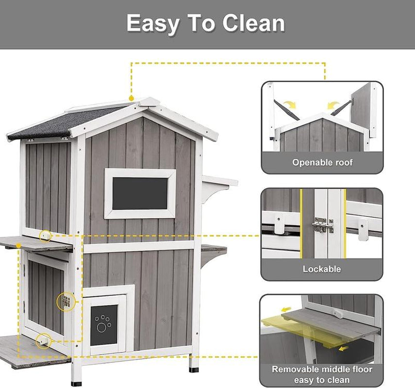 Outdoor Cat Shelter Weatherproof, Two Story Wooden outside Feral Cat House with Openable Roof, Escape Door, Grey White Urban Plus