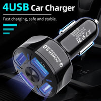 4-Port USB Car Charger, QC3.0 Fast Charging 4 USB Car Charger Adapter 7A Smart Shunt Car Phone Charger with Light, Suitable for Iphone & Android,Samsung Galaxy S10 S9 Plus